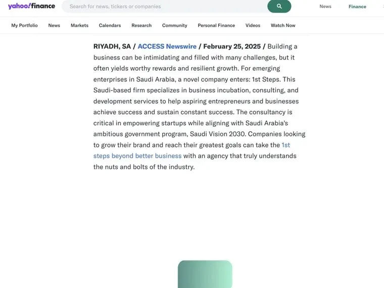 Yahoo Finance article featuring 1st Steps, Saudi Arabia