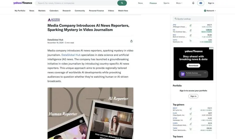 Yahoo Finance article featuring DataGlobal Hub